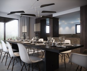 contemporary-luxurious-dining-room-design-with-long-black-wood-dining-table-with-eames-eiffel-chair-and-modern-pendant-lights